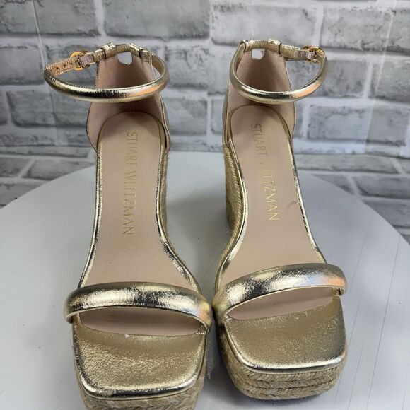 Stuart Weitzman Nudist Women Size 8 C Gold Metallic Wedge Espadrille Sandals - Picture 11 of 13
